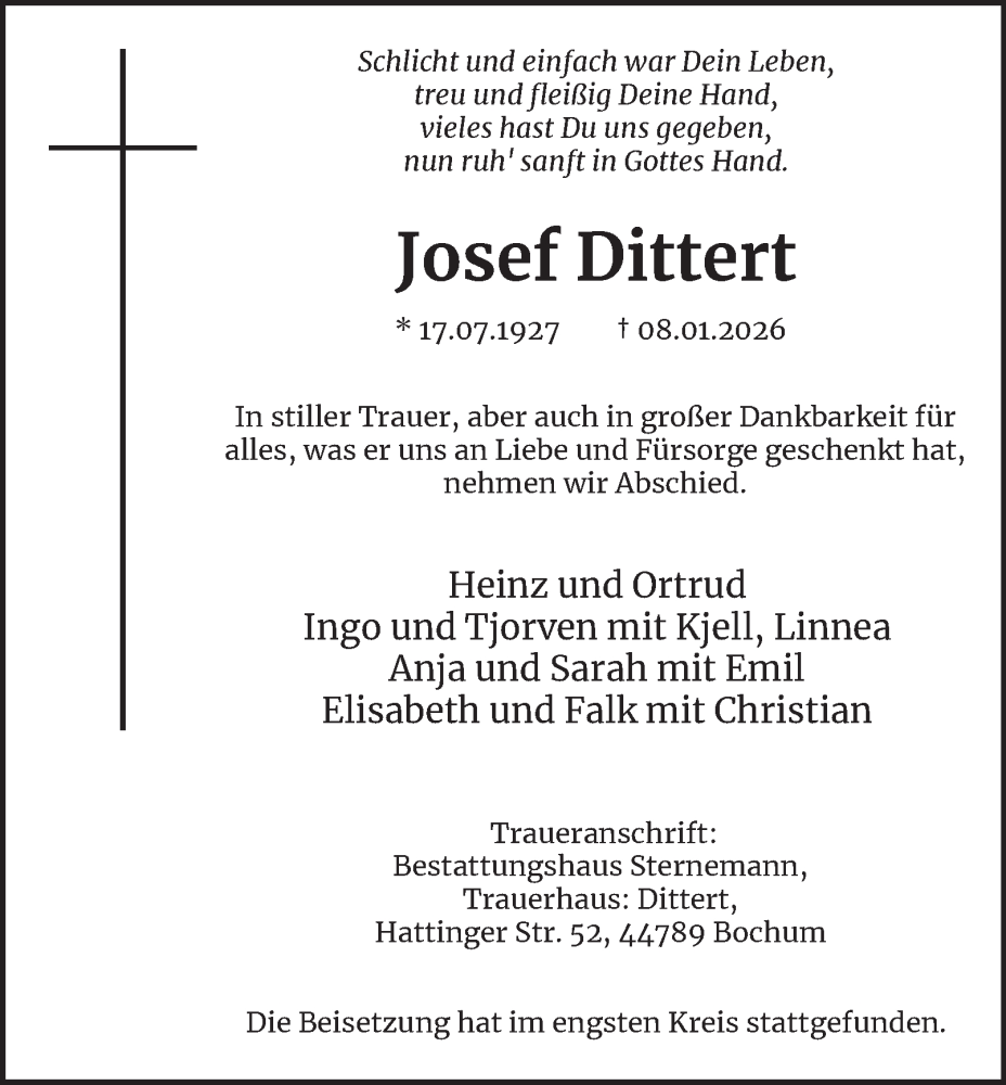  Traueranzeige für Josef Dittert vom 24.01.2026 aus Tageszeitung