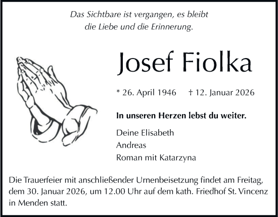 Traueranzeige von Josef Fiolka von Tageszeitung