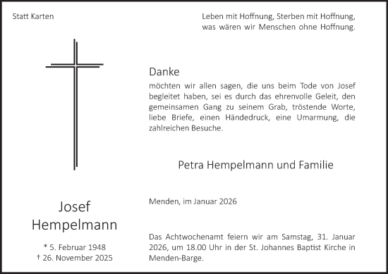 Traueranzeige von Josef Hempelmann von Tageszeitung