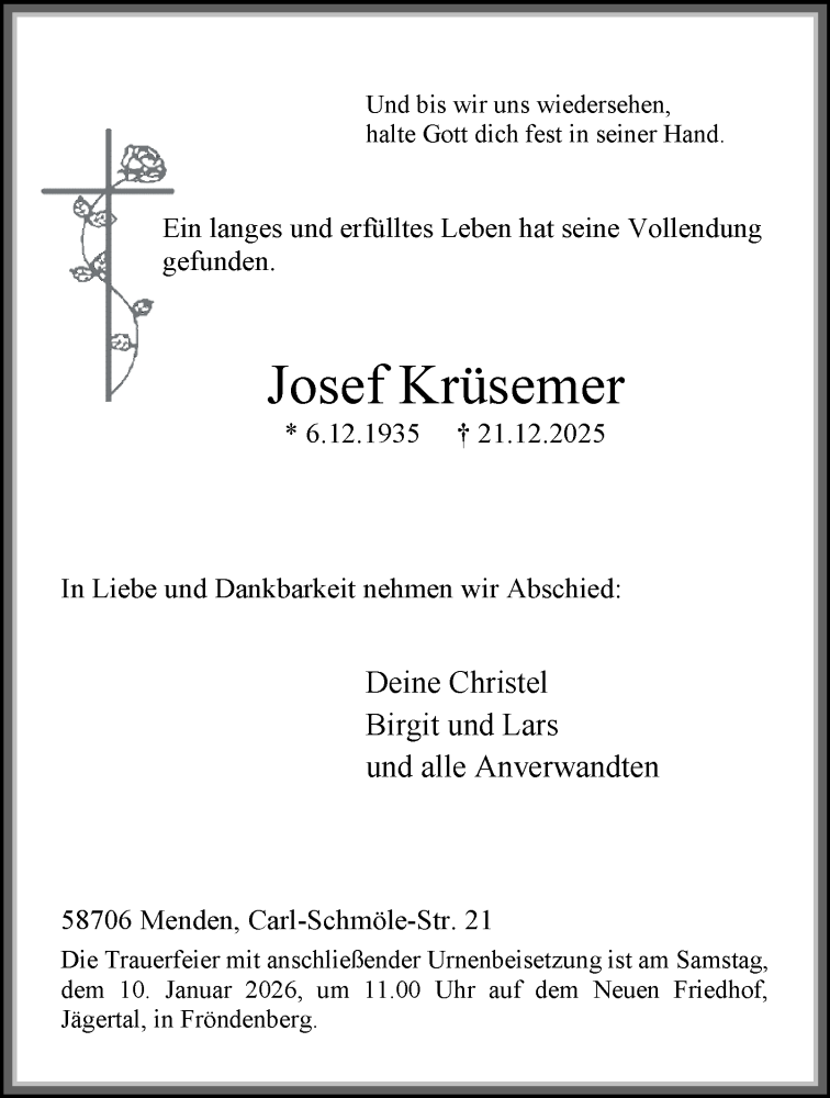  Traueranzeige für Josef Krüsemer vom 03.01.2026 aus Tageszeitung