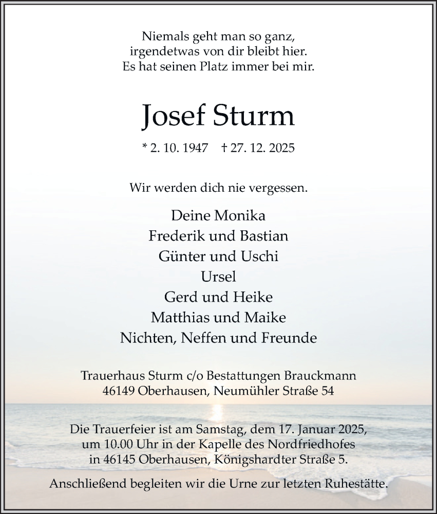  Traueranzeige für Josef Sturm vom 10.01.2026 aus Tageszeitung
