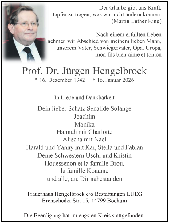 Traueranzeige von Jürgen Hengelbrock von Tageszeitung