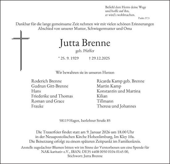 Traueranzeige von Jutta Brenne von Tageszeitung