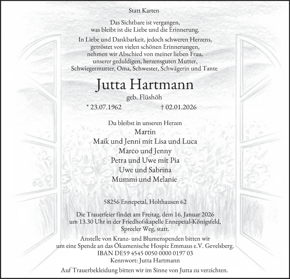 Traueranzeige für Jutta Hartmann vom 10.01.2026 aus Tageszeitung