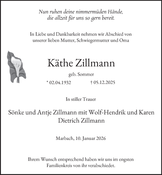 Traueranzeige von Käthe Zillmann von Tageszeitung