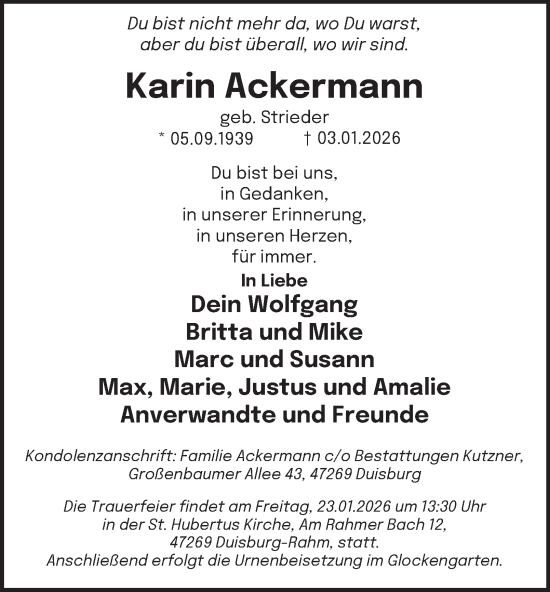 Traueranzeige von Karin Ackermann von Tageszeitung