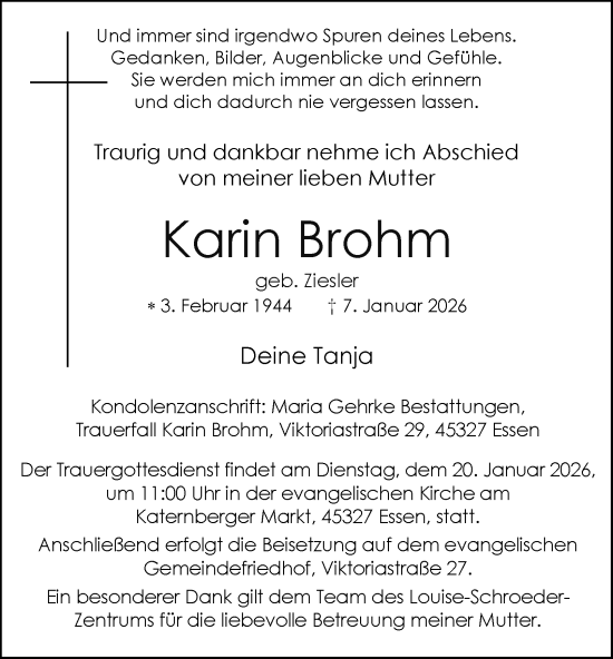 Traueranzeige von Karin Brohm von Tageszeitung