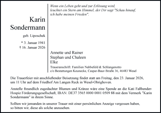 Traueranzeige von Karin Sondermann von Tageszeitung