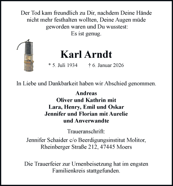 Traueranzeige von Karl Arndt von Tageszeitung