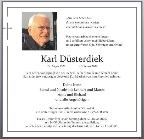 Traueranzeige von Karl Düsterdiek von Tageszeitung