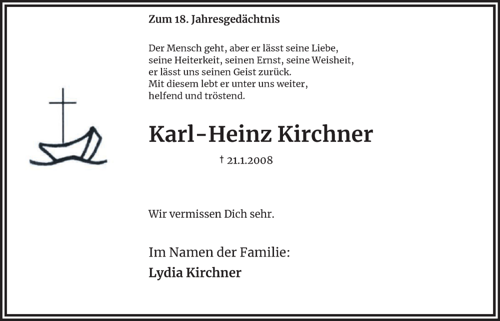  Traueranzeige für Karl-Heinz Kirchner vom 21.01.2026 aus Tageszeitung