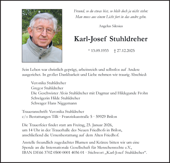 Traueranzeige von Karl-Josef Stuhldreher von Tageszeitung