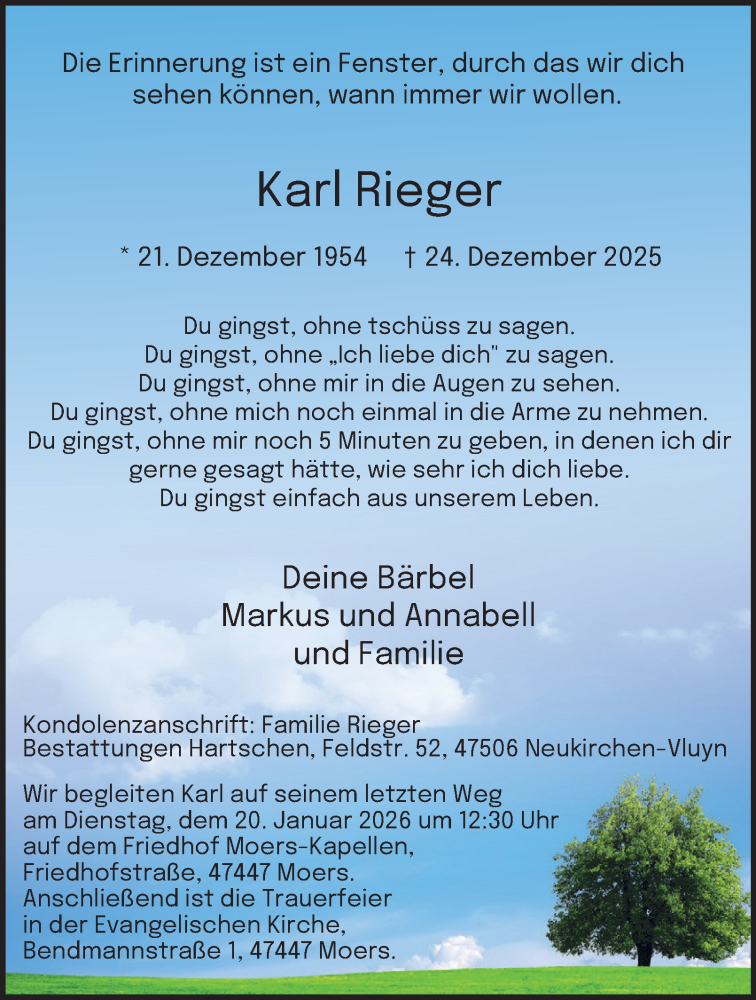  Traueranzeige für Karl Rieger vom 17.01.2026 aus Tageszeitung
