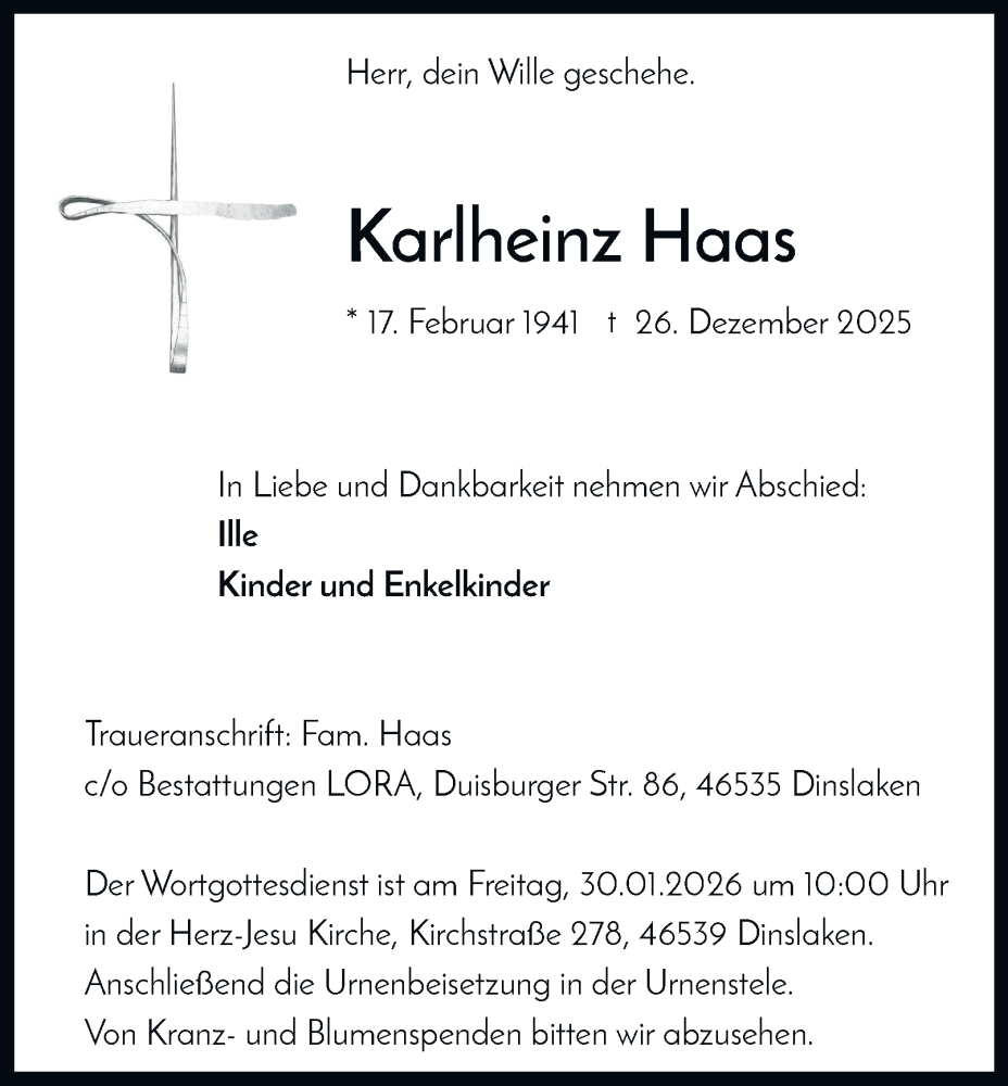  Traueranzeige für Karlheinz Haas vom 24.01.2026 aus Tageszeitung
