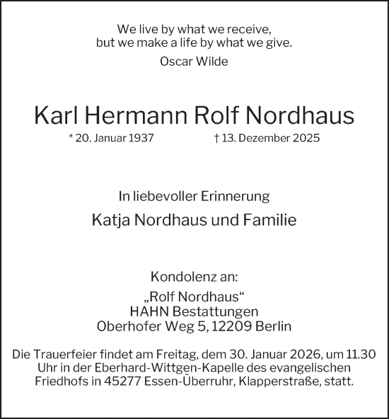 Traueranzeige von Karl Hermann Rolf Nordhaus von Tageszeitung