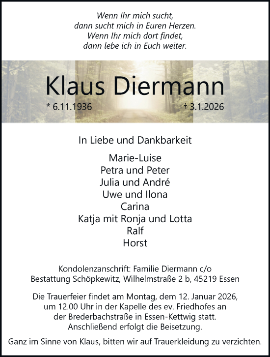 Traueranzeige von Klaus Diermann von Tageszeitung