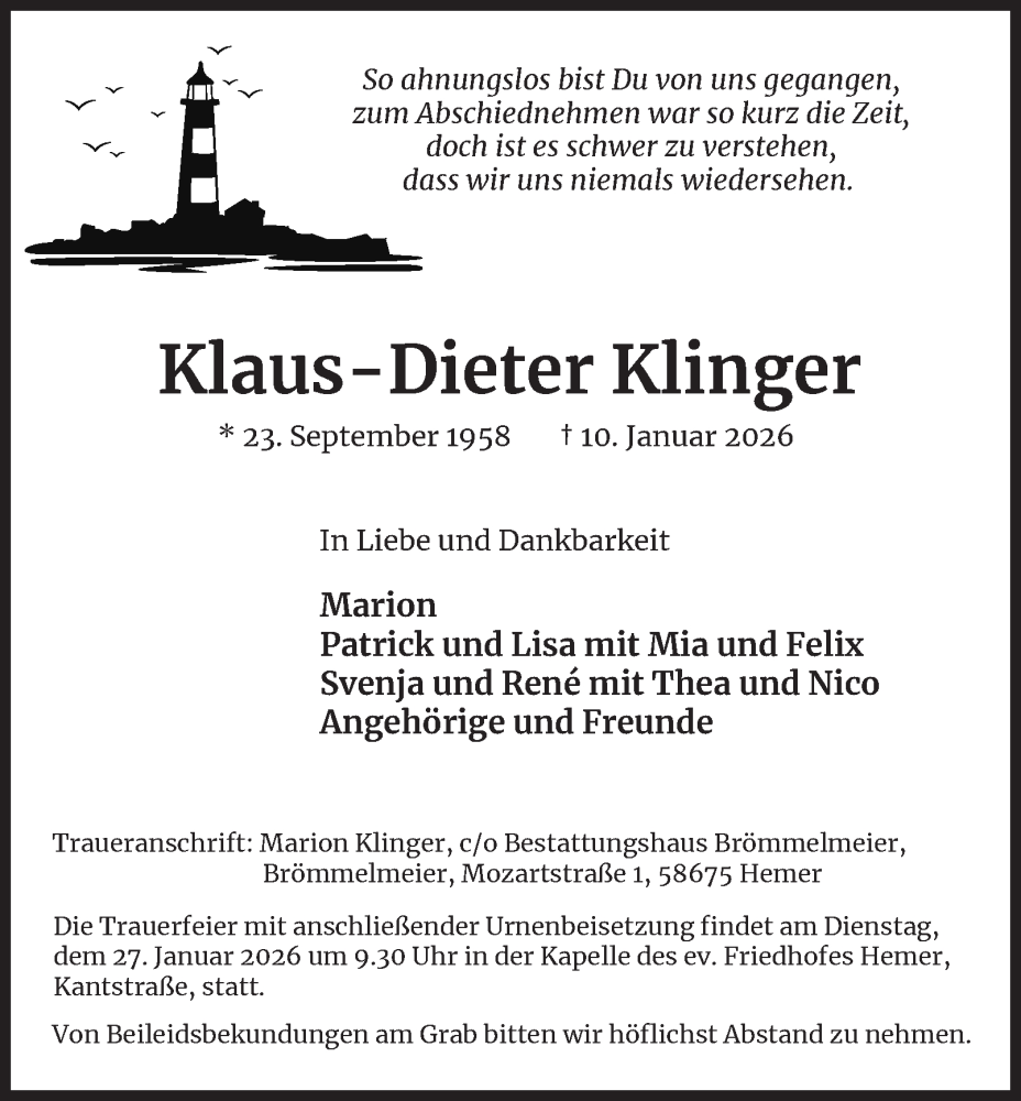  Traueranzeige für Klaus-Dieter Klinger vom 17.01.2026 aus Tageszeitung