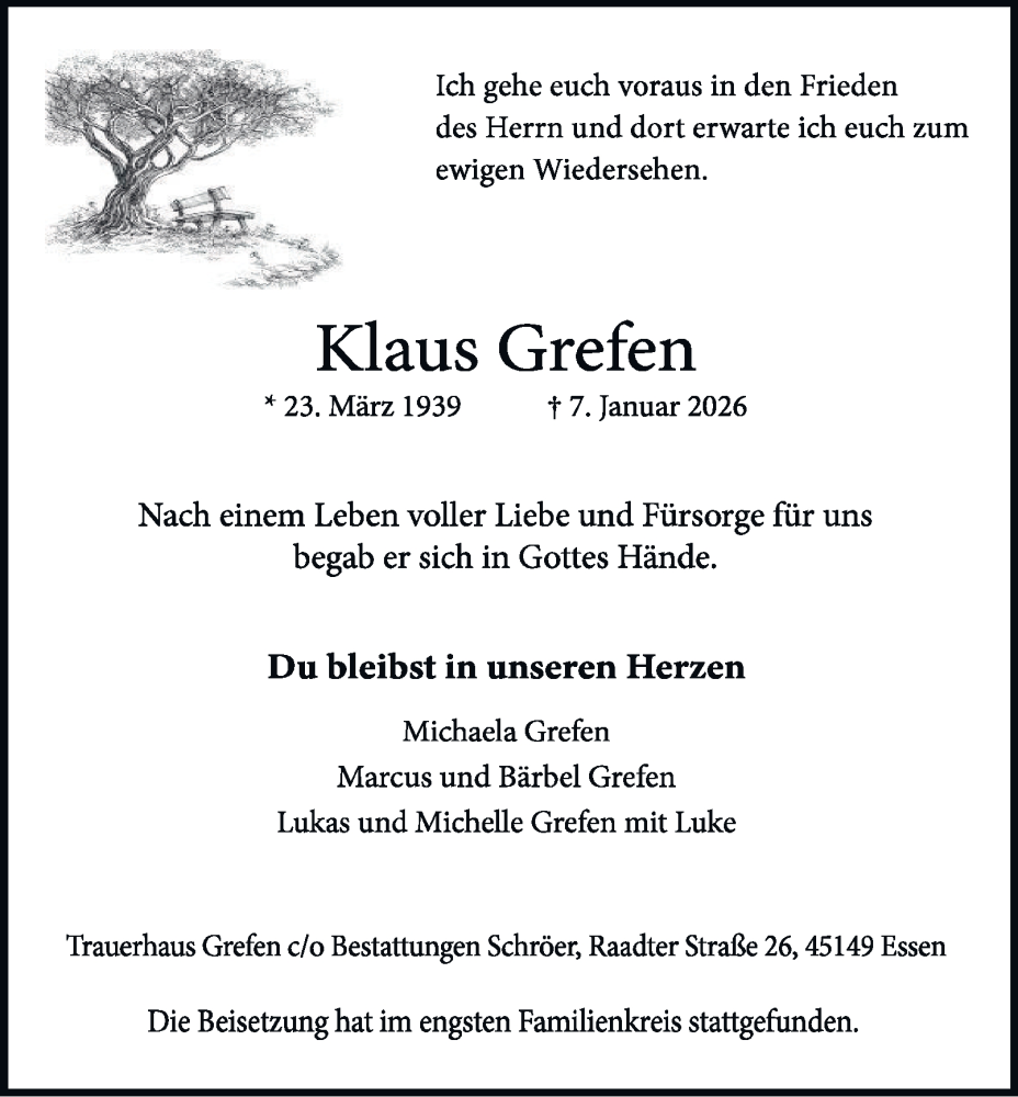  Traueranzeige für Klaus Grefen vom 24.01.2026 aus Tageszeitung
