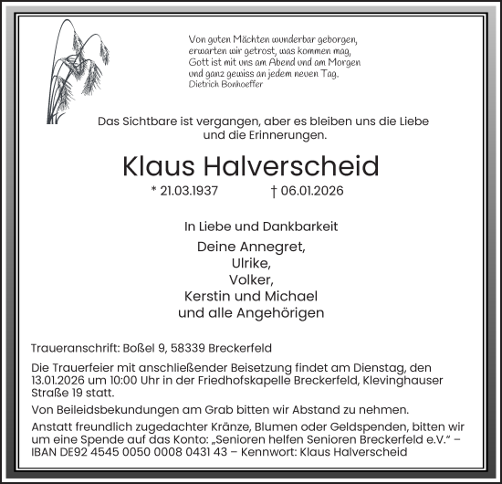 Traueranzeige von Klaus Halverscheid von Tageszeitung