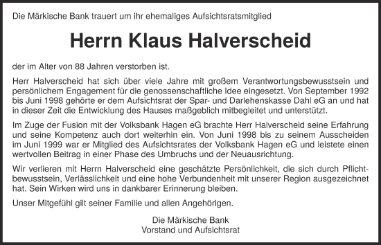 Traueranzeige von Klaus Halverscheid von Tageszeitung