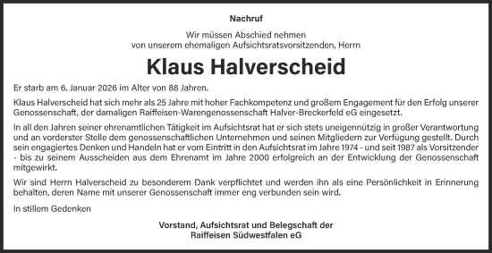 Traueranzeige von Klaus Halverscheid von Tageszeitung