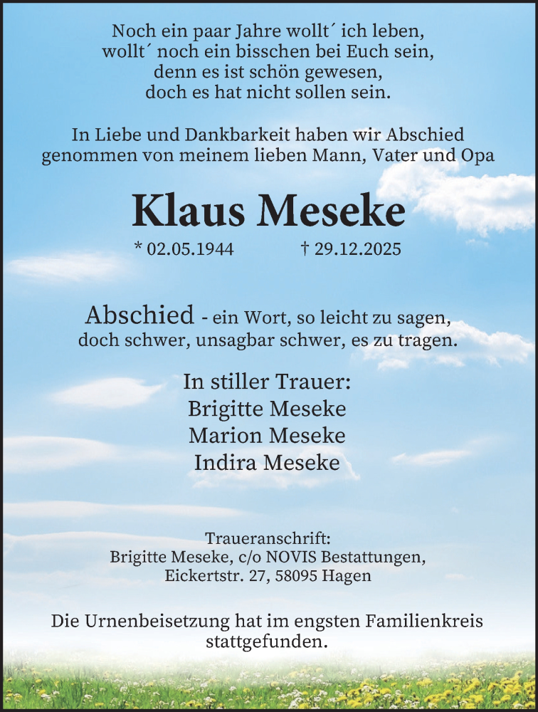  Traueranzeige für Klaus Meseke vom 31.01.2026 aus Tageszeitung