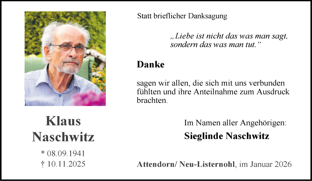 Traueranzeige für Klaus Naschwitz vom 10.01.2026 aus Tageszeitung