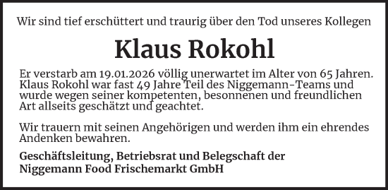 Traueranzeige von Klaus Rokohl von Tageszeitung