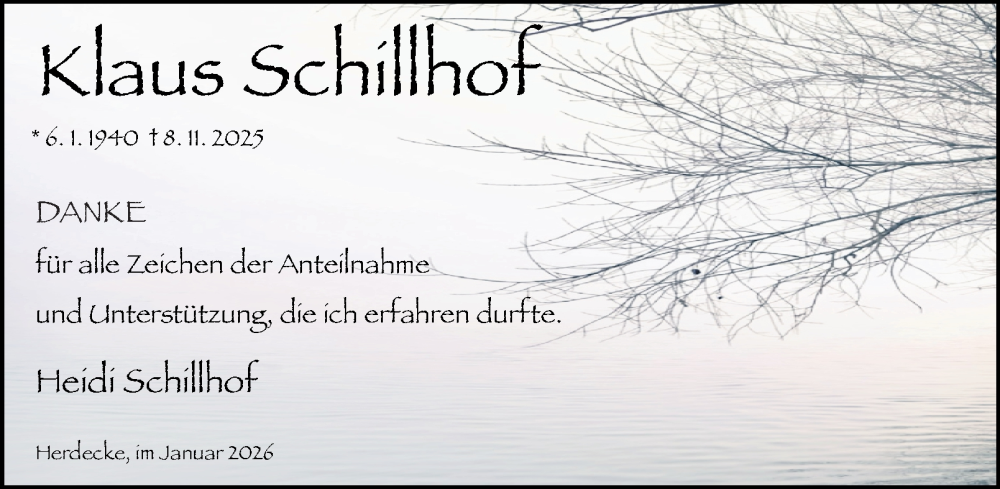  Traueranzeige für Klaus Schillhof vom 17.01.2026 aus Tageszeitung