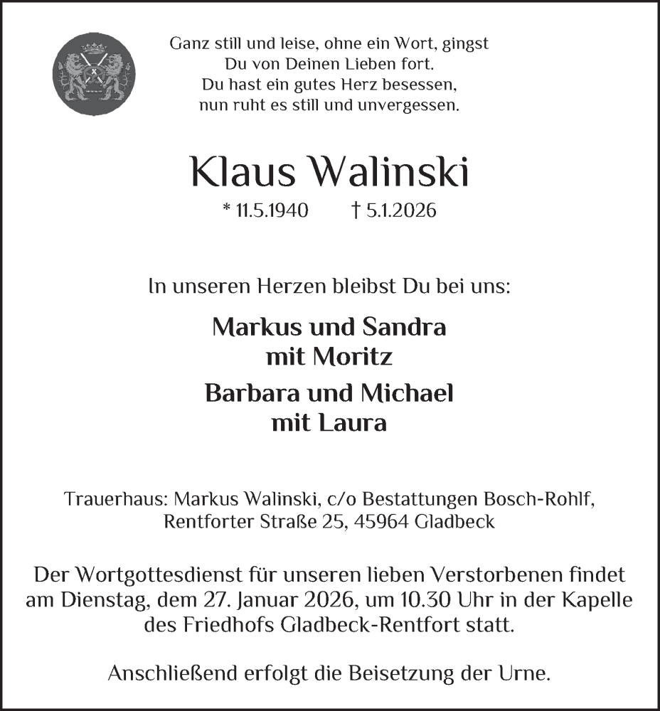  Traueranzeige für Klaus Walinski vom 24.01.2026 aus Tageszeitung