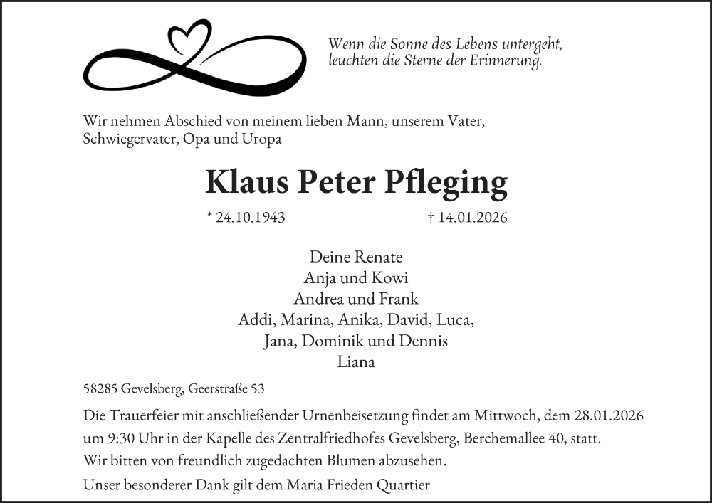  Traueranzeige für Klaus Peter Pfleging vom 24.01.2026 aus Tageszeitung