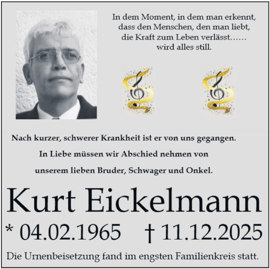 Traueranzeige von Kurt Eickelmann von Tageszeitung