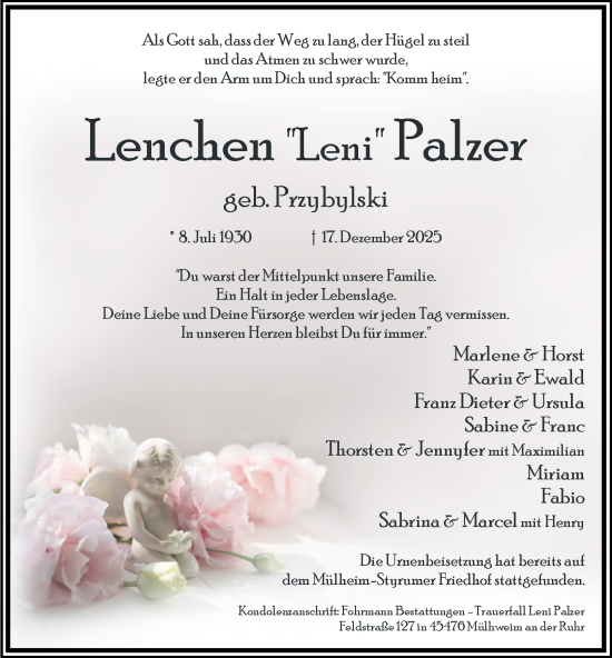 Traueranzeige von Lenchen Palzer von Tageszeitung