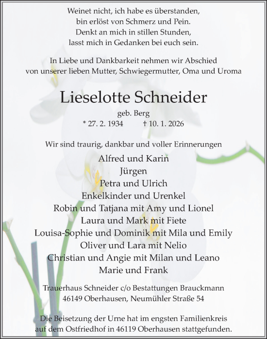 Traueranzeige von Lieselotte Schneider von Tageszeitung