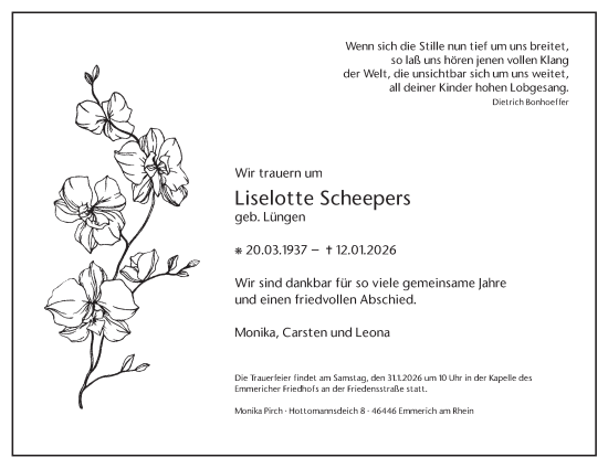Traueranzeige von Liselotte Scheepers von Tageszeitung