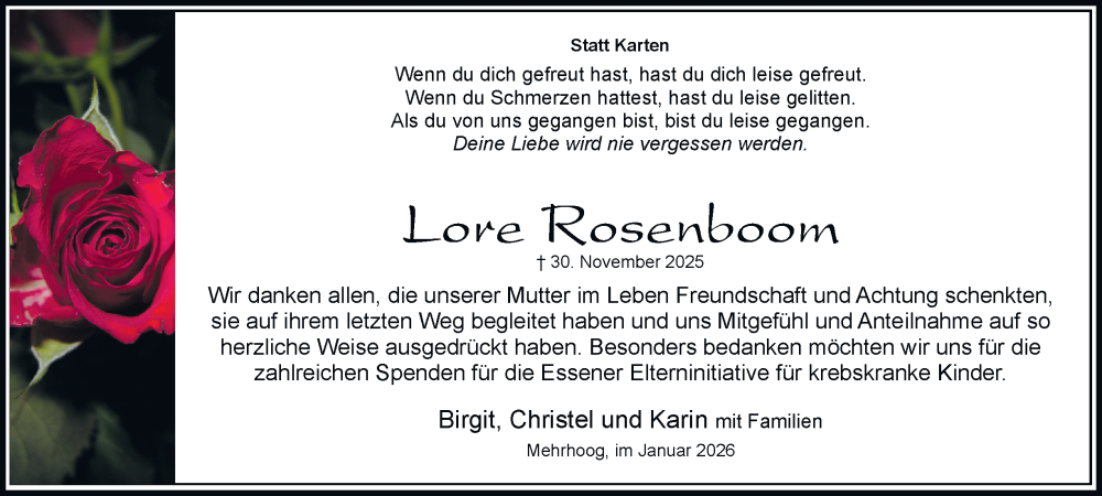  Traueranzeige für Lore Rosenboom vom 17.01.2026 aus Tageszeitung