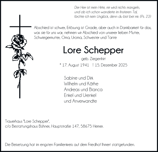 Traueranzeige von Lore Schepper von Tageszeitung