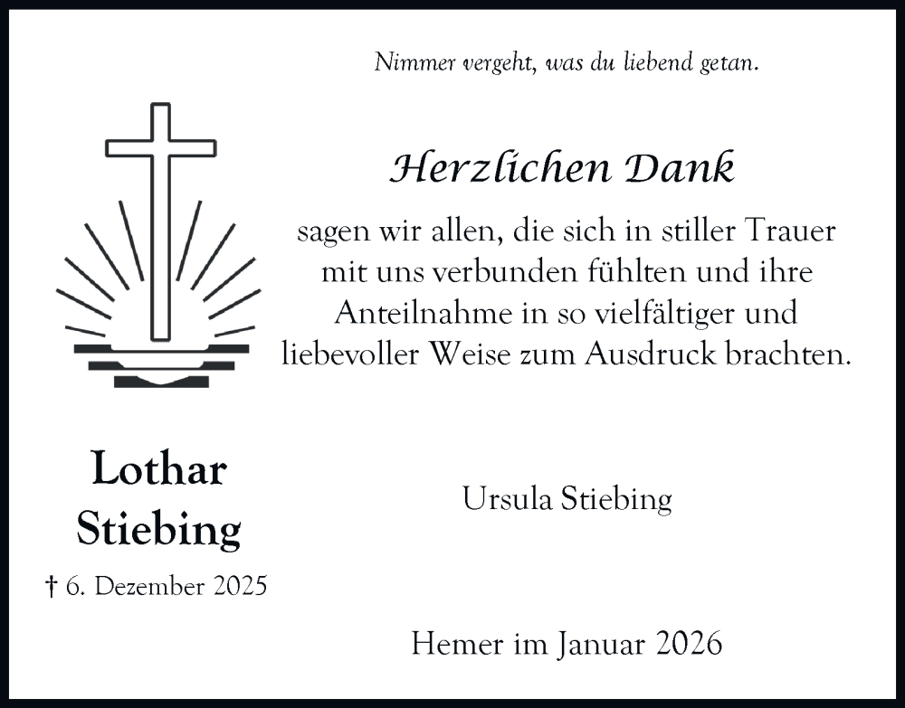  Traueranzeige für Lothar Stiebing vom 17.01.2026 aus Tageszeitung