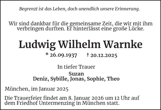 Traueranzeige von Ludwig Wilhelm Warnke von Tageszeitung