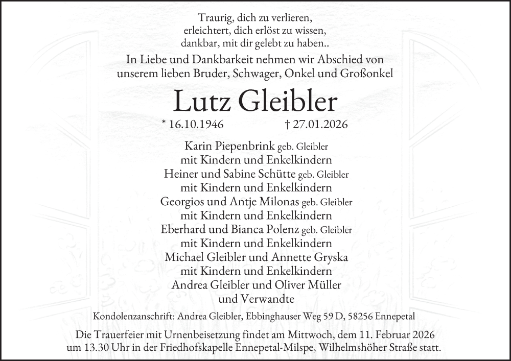  Traueranzeige für Lutz Gleibler vom 31.01.2026 aus Tageszeitung