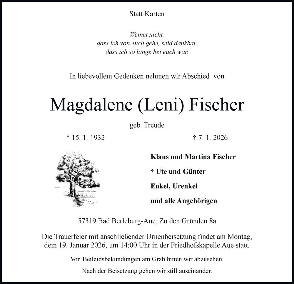  Traueranzeige für Magdalene Fischer vom 10.01.2026 aus Tageszeitung