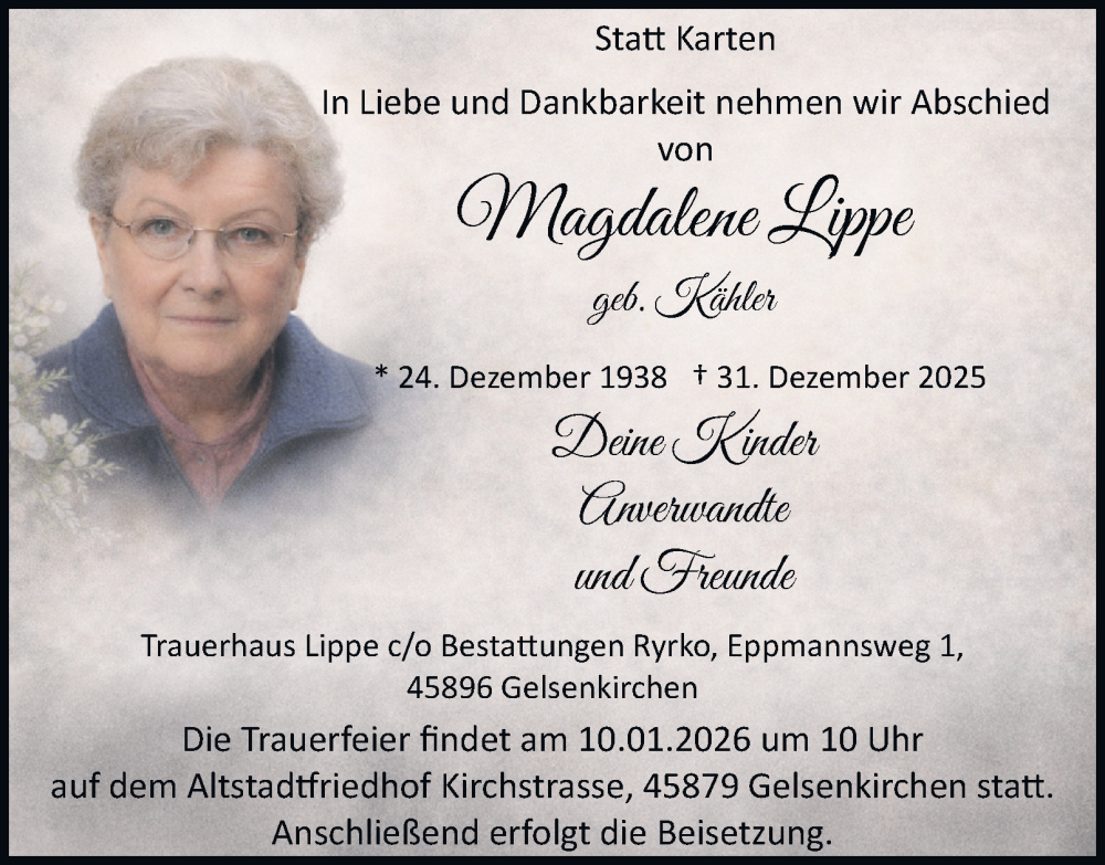  Traueranzeige für Magdalene Lippe vom 08.01.2026 aus Tageszeitung