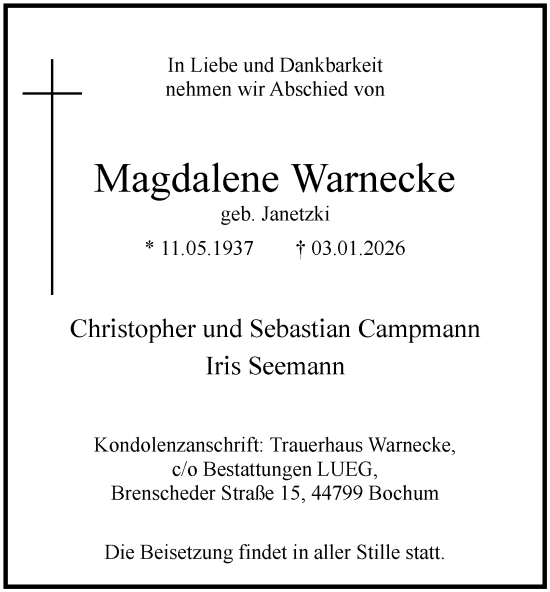 Traueranzeige von Magdalene Warnecke von Tageszeitung