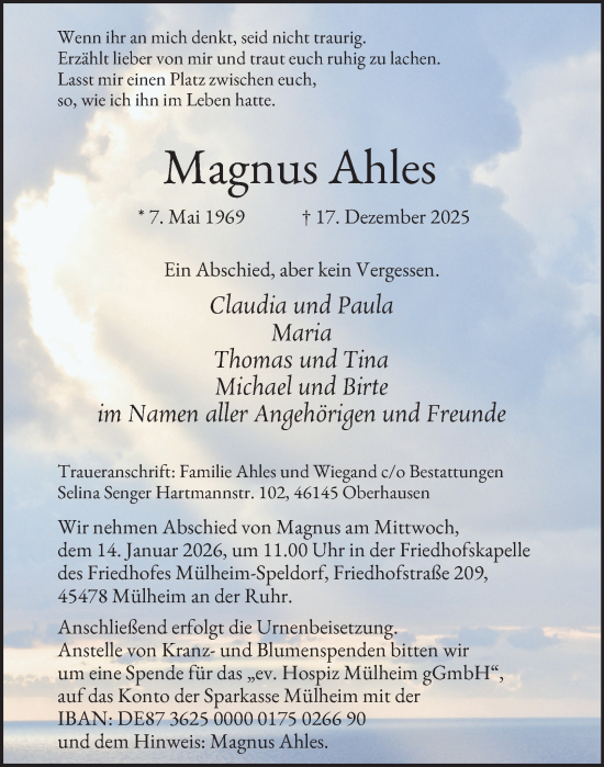 Traueranzeige von Magnus Ahles von Tageszeitung