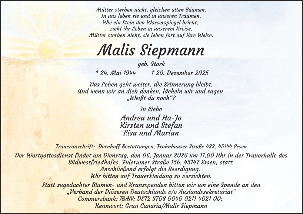  Traueranzeige für Malis Siepmann vom 03.01.2026 aus Tageszeitung