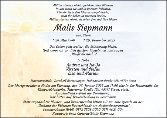 Traueranzeige von Malis Siepmann von Tageszeitung