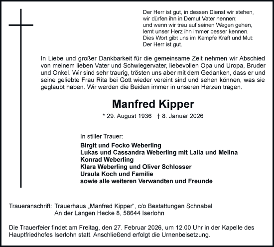 Traueranzeige von Manfred Kipper von Tageszeitung