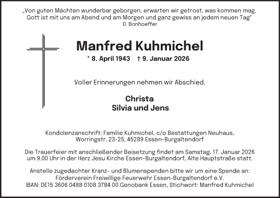 Traueranzeige von Manfred Kuhmichel von Tageszeitung