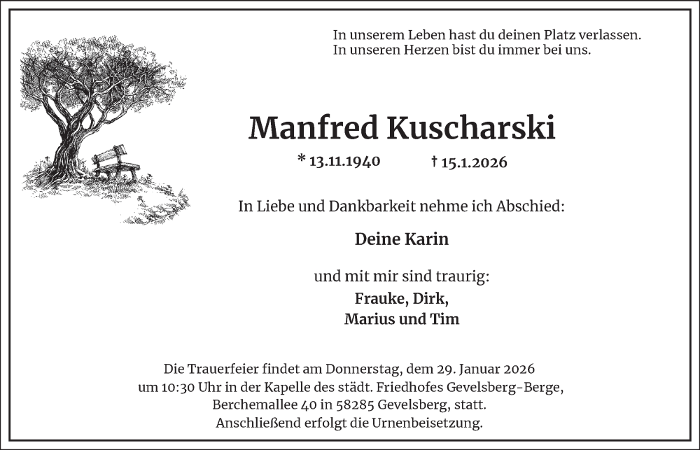  Traueranzeige für Manfred Kuscharski vom 24.01.2026 aus Tageszeitung