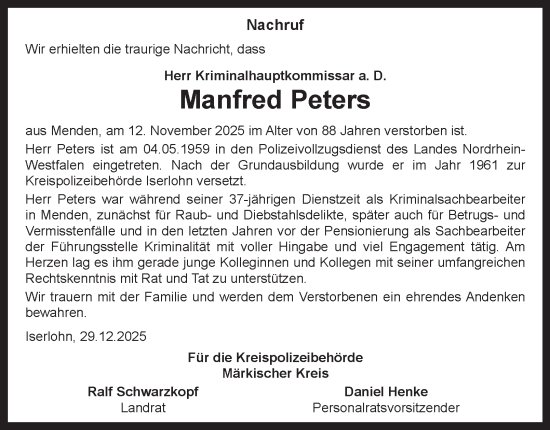 Traueranzeige von Manfred Peters von Tageszeitung